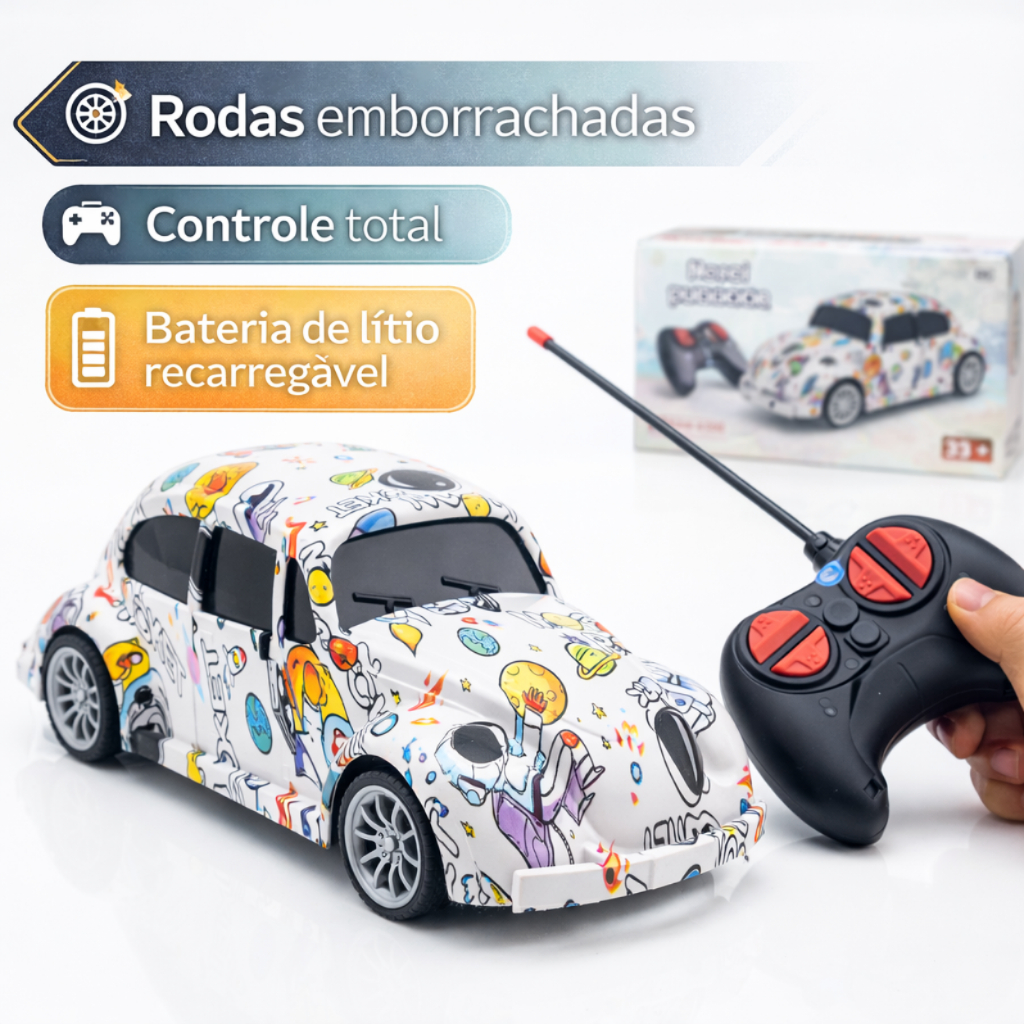 Carrinho Fusca Controle Remoto  Infantil Luz e Movimento Brinquedo Fusca Retrô Resistente