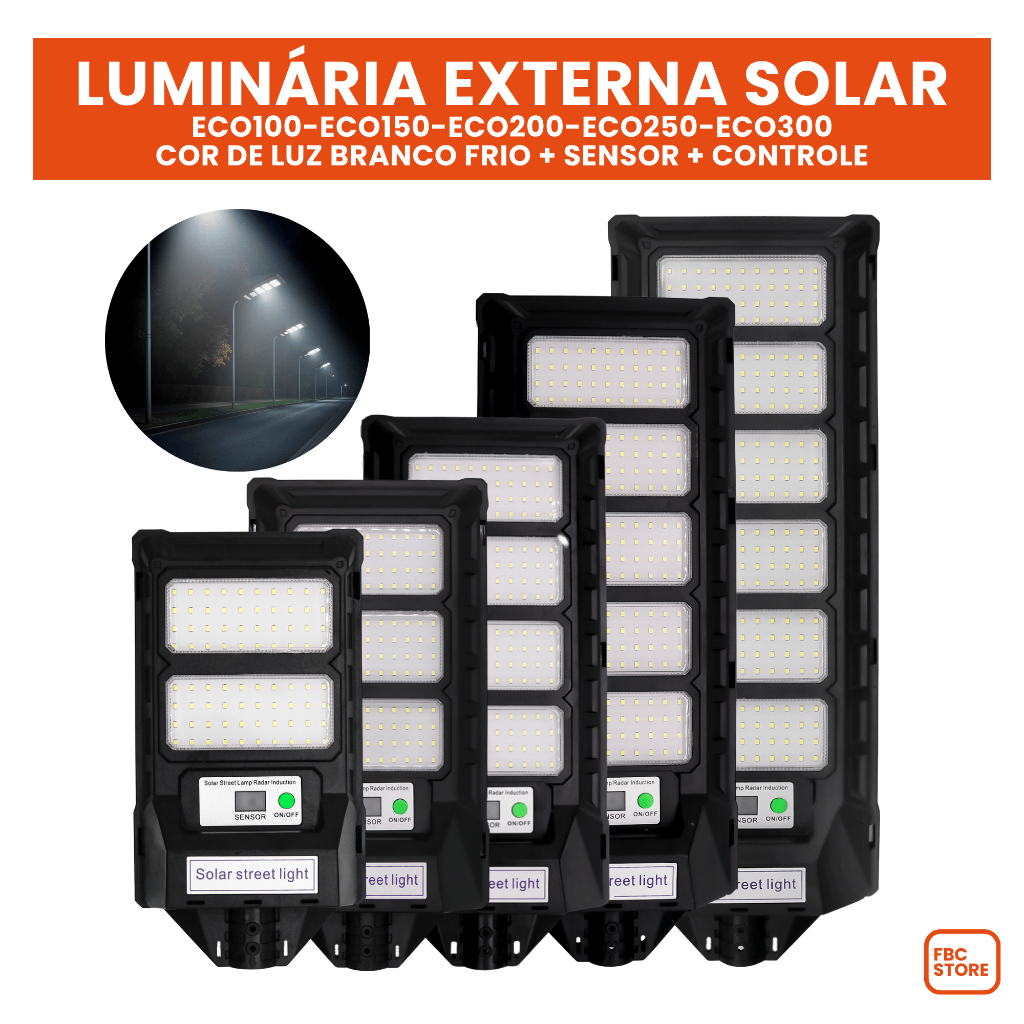 Luminária Solar Pública Poste Rua C/ Sensor Led ECO 100w/150w/200w/250w/300w