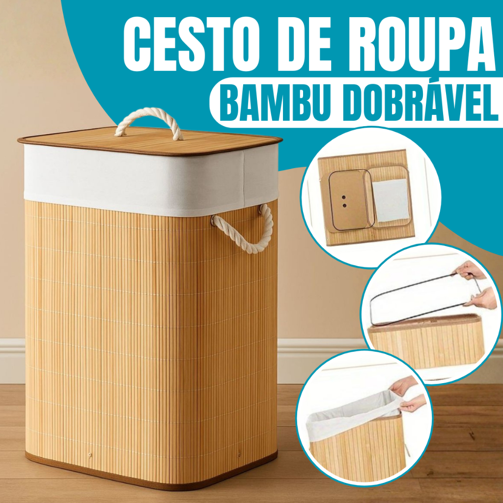 60L Cesto de Roupa Bambu Dobrável – Organizador com Revestimento Interno alta capacidade GRANDE