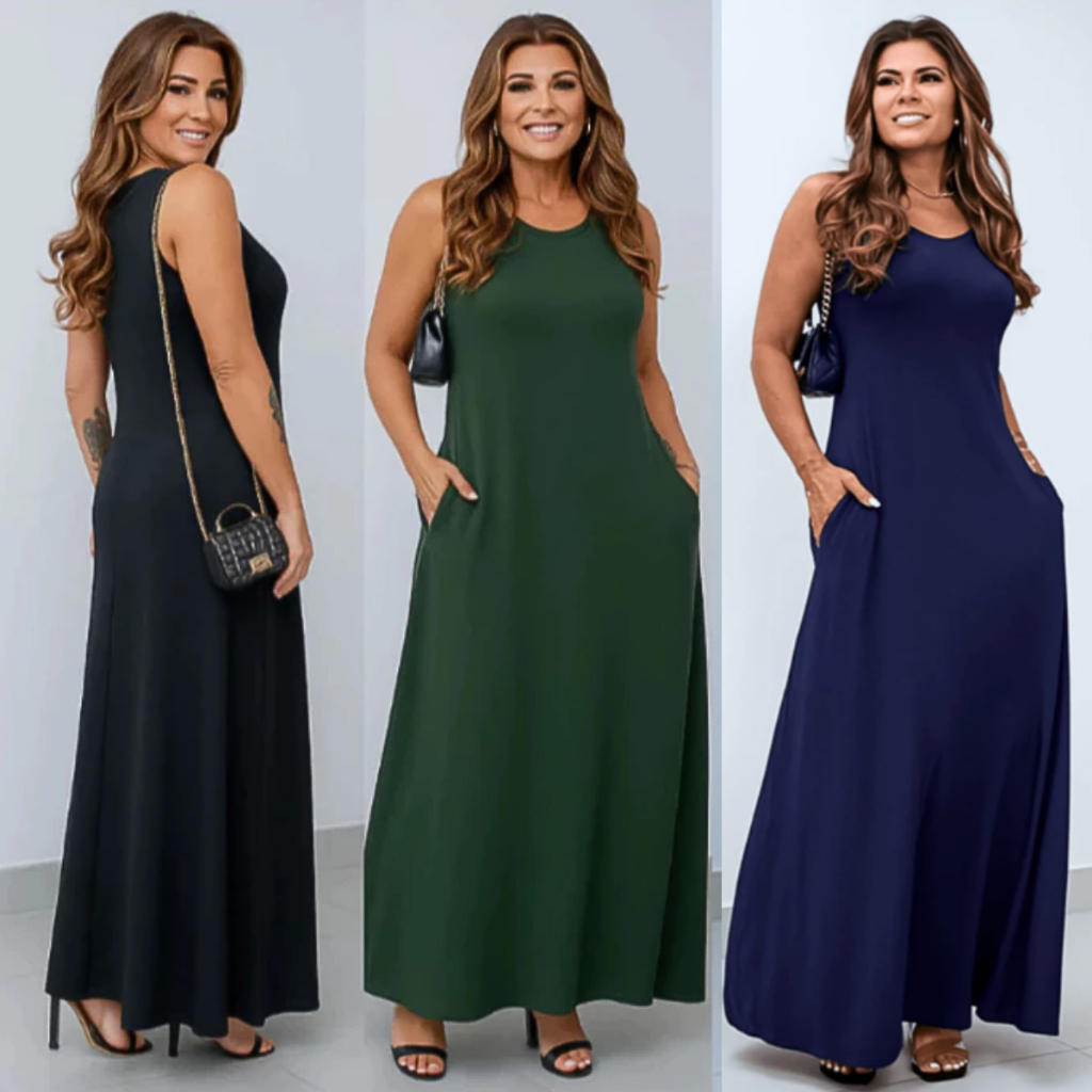 Vestido Eva Feminino Longo Com Bolso Slim e Plus Size Regata Folgadinho Longuete Tecido Viscolycra Moda Mulher Verão