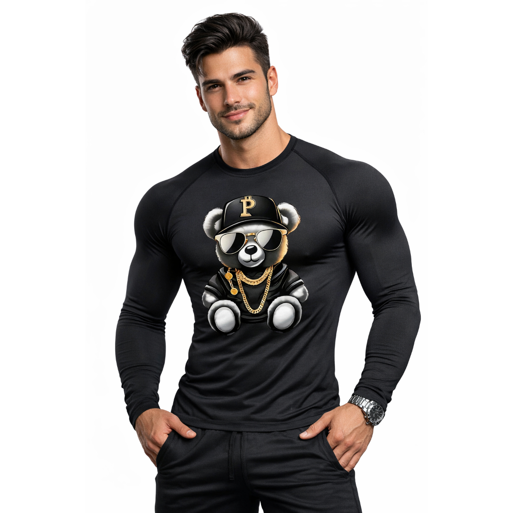 Camiseta Térmica Urso Estiloso Manga Longa de Compressão Segunda Pele – Esporte Lazer Treino Ideal