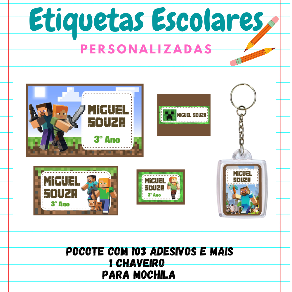 KIT ESCOLAR ETIQUETA PERSONALIZADA MINICRAFT -KIT 103 etiquetas 1 chaveiro identificador de mochila/KIT ETIQUETA ESCOLAR