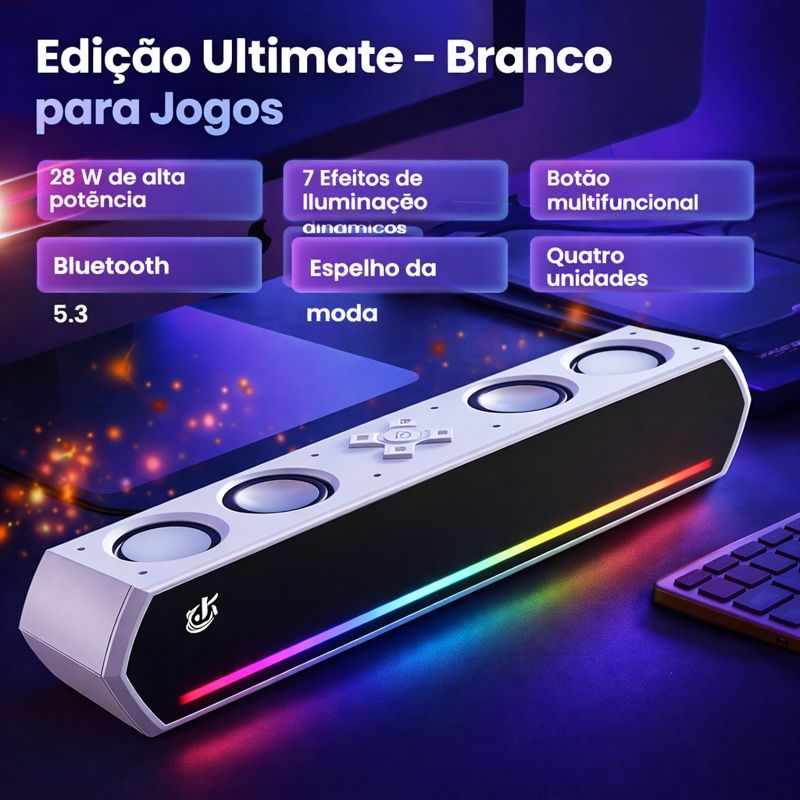 Caixa de Som Bluetooth Espelhada 30W Potente com 4 Alto-Falantes LED RGB Soundbar para PC COR:BRANCO