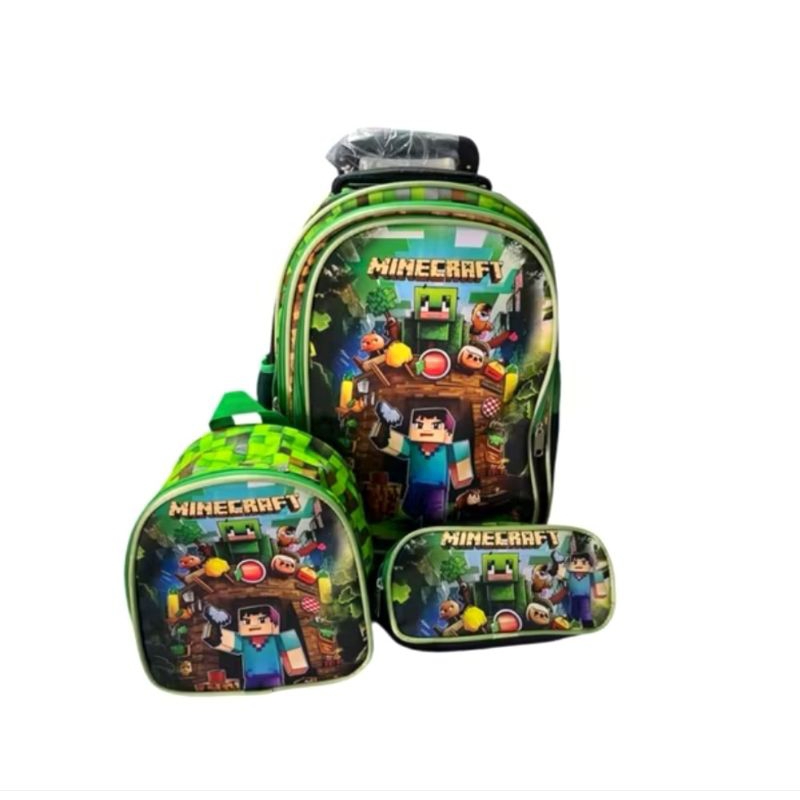 Kit Mochila Escolar com Rodinhas MINECRAFT + Lancheira + Estojo/ MOCHILA PARA MENINO/ MOCHILA MINECRAFT