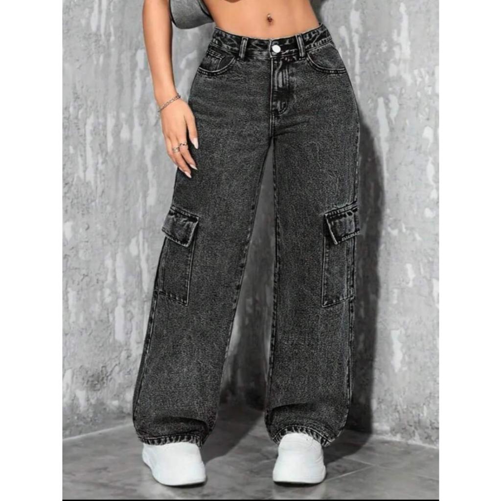 calça jeans wide leg cargo pantalona em Oferta na Shopee