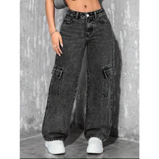 calça jeans wide leg cargo pantalona em Oferta na Shopee