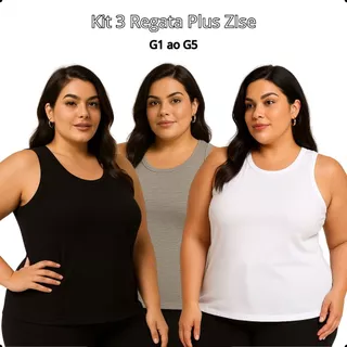 Regata Feminina Sem Decote Plus Size GG ao G5 Viscose Premium Escolha 1 a 3 Unidades