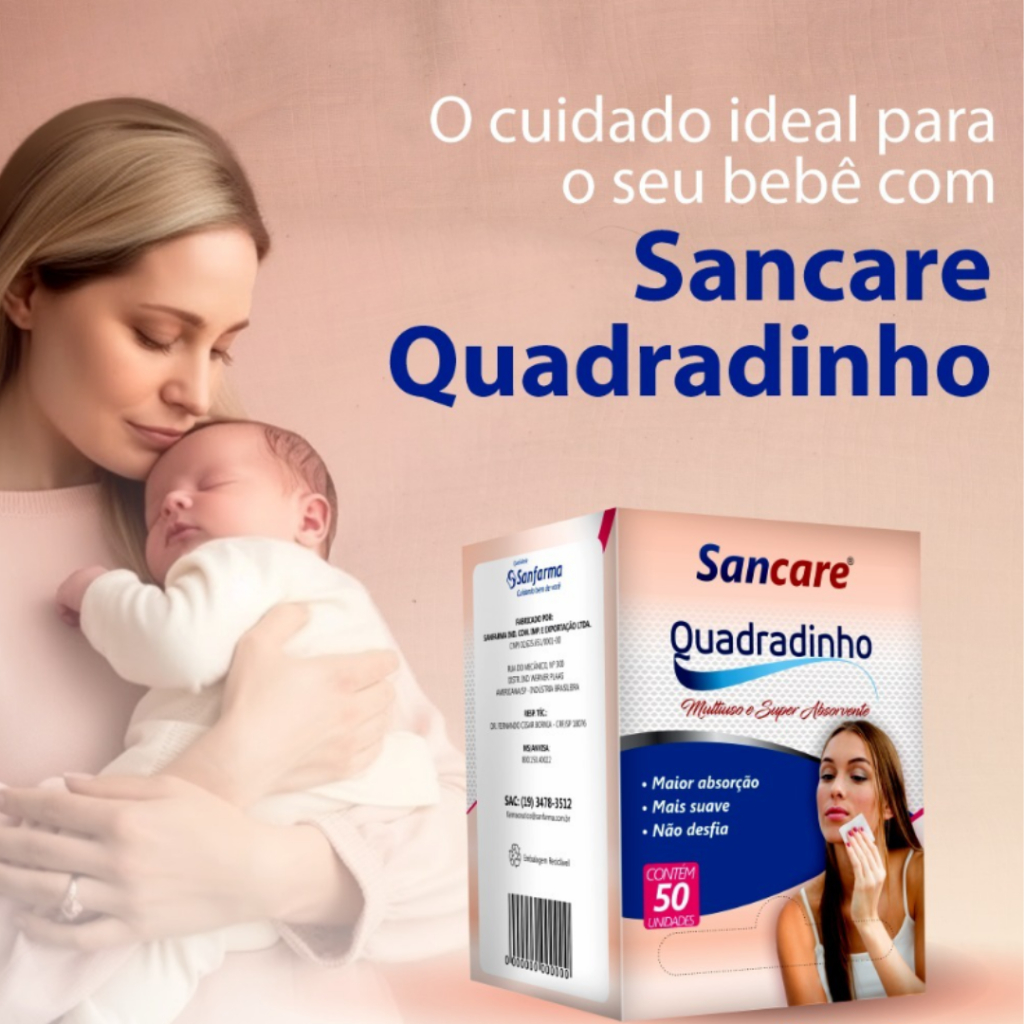 Lenço Banho e Higiene Quadradinho para Bebê Sancare 4 caixas de 50 un cada – Substitui o Algodão