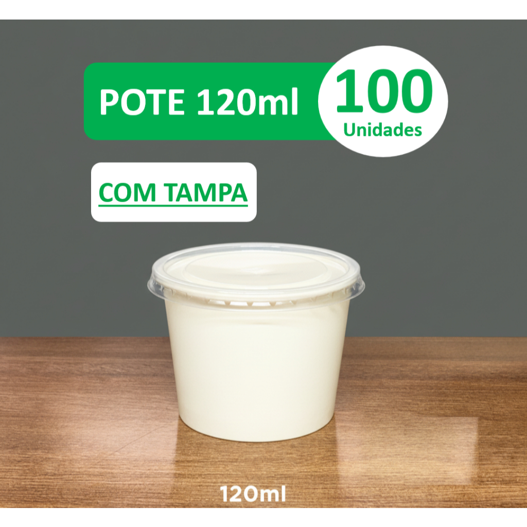 Pote Papel Biodegradável 120ml com Tampa - Kit 100 unidades