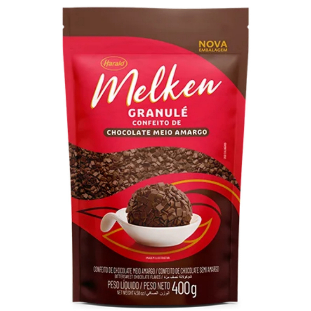Granulé Confeito de Chocolate Melken Meio Amargo 400g Harald em Oferta na Shopee