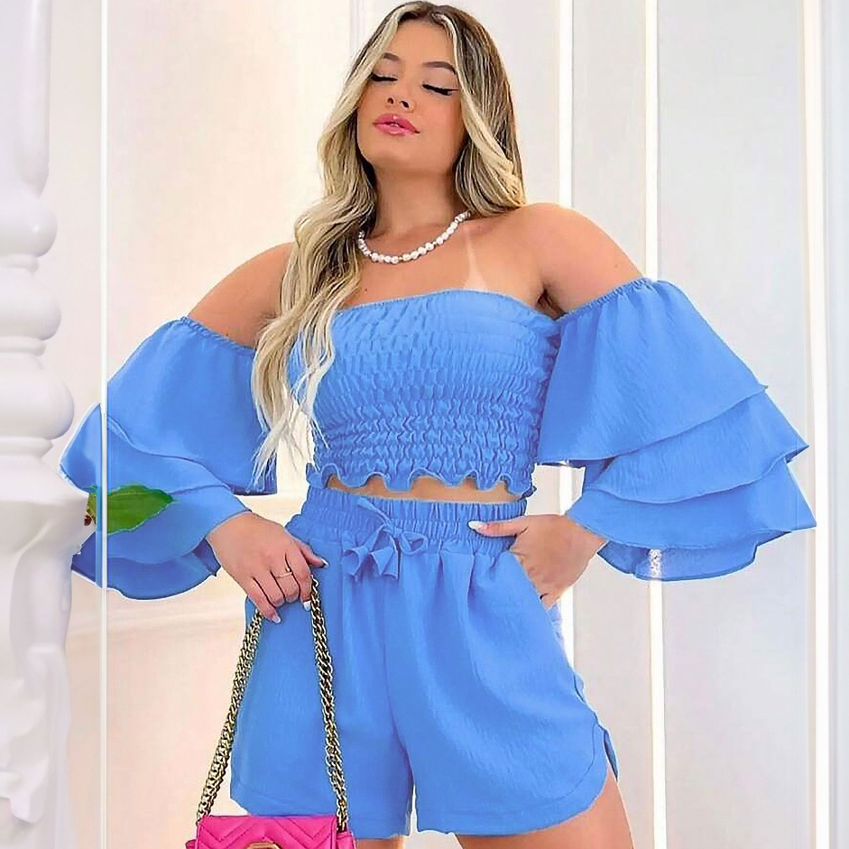 CONJUNTO FEMININO PRAIA MODA GRINGA CROPEDD SHORT 3 CAMADAS Festa elegante Soltinho Confortável