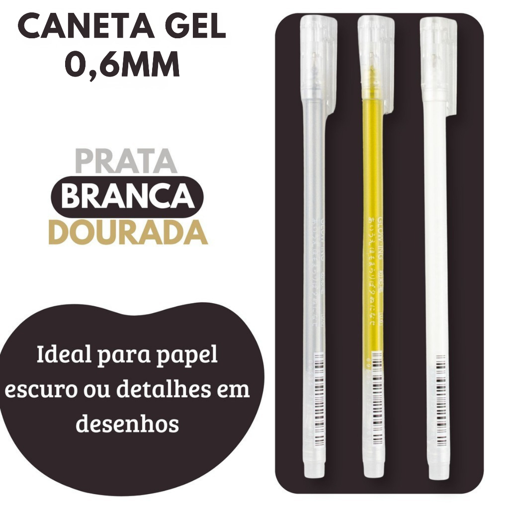Caneta Gel Metálica Ponta Fina 0,6mm para Papel Escuro Desenho Lettering Escolar