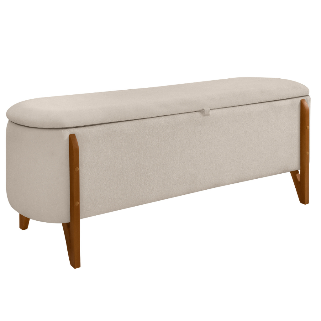Recamier Boucle 100cm com Armazenamento Interno Funcional Pés Madeira Estofado Bau Organizador