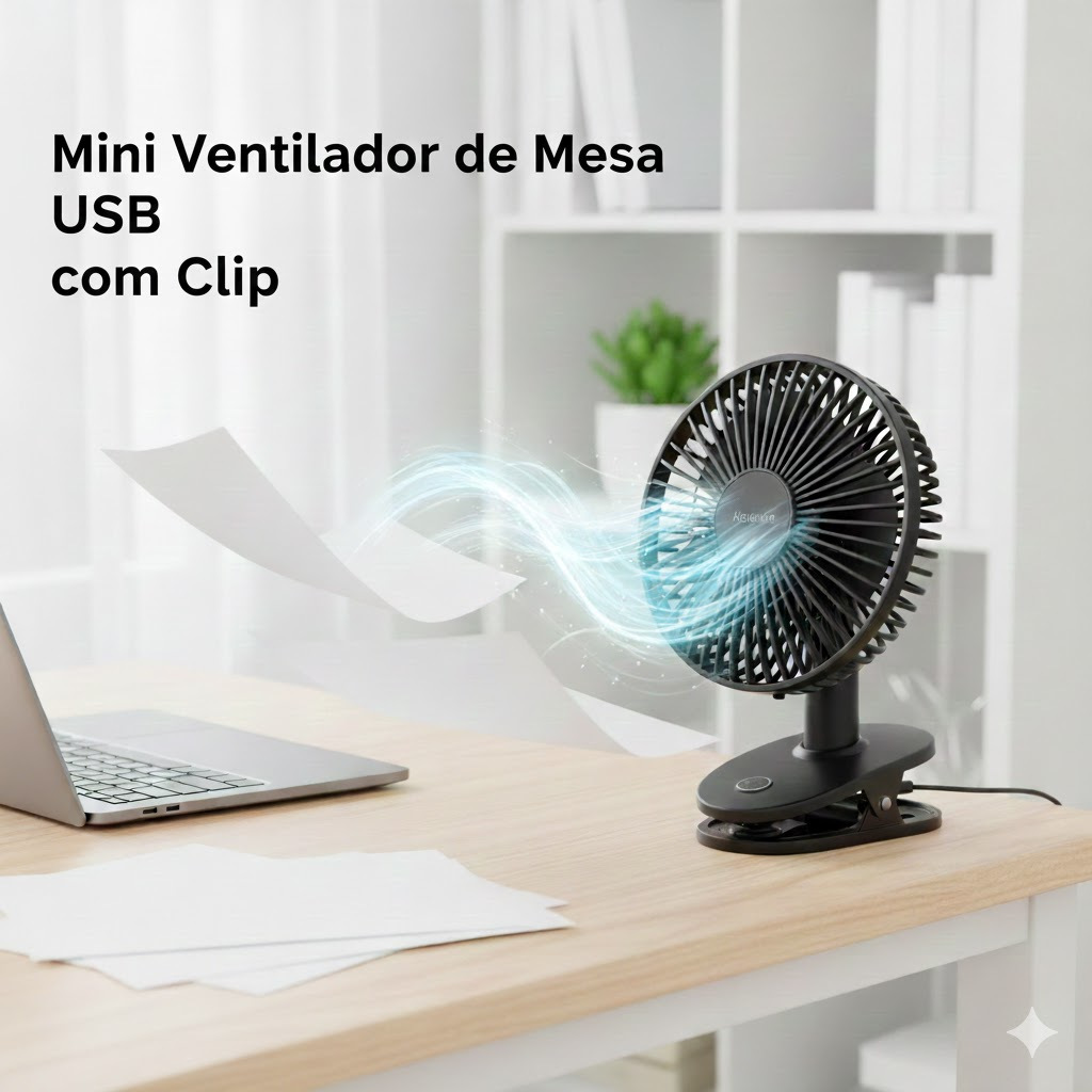 Mini Ventilador de Mesa Recarregável Verão Calor USB 3 níveis ajustáveis Clip Rotativo Startools 5W