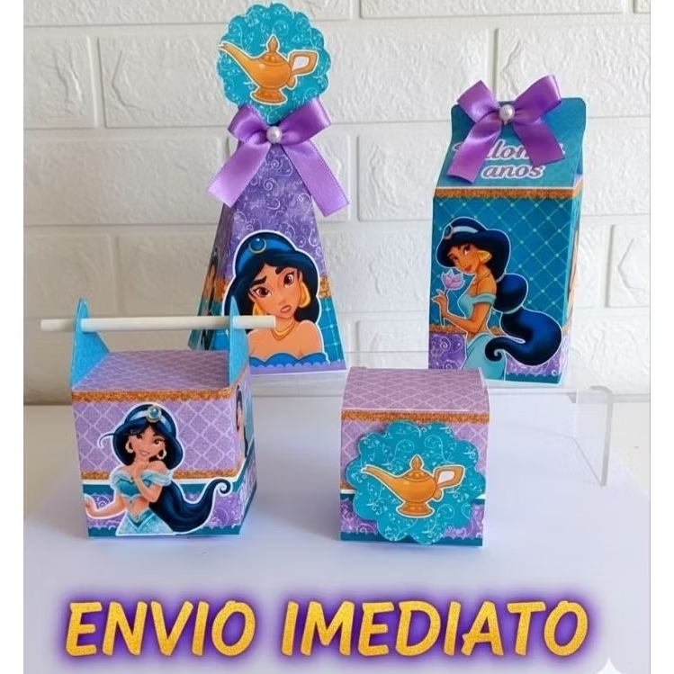 Kit Caixinhas Personalizadas Princesa Jasmine Menina Lembrançinha Festa Aladdin