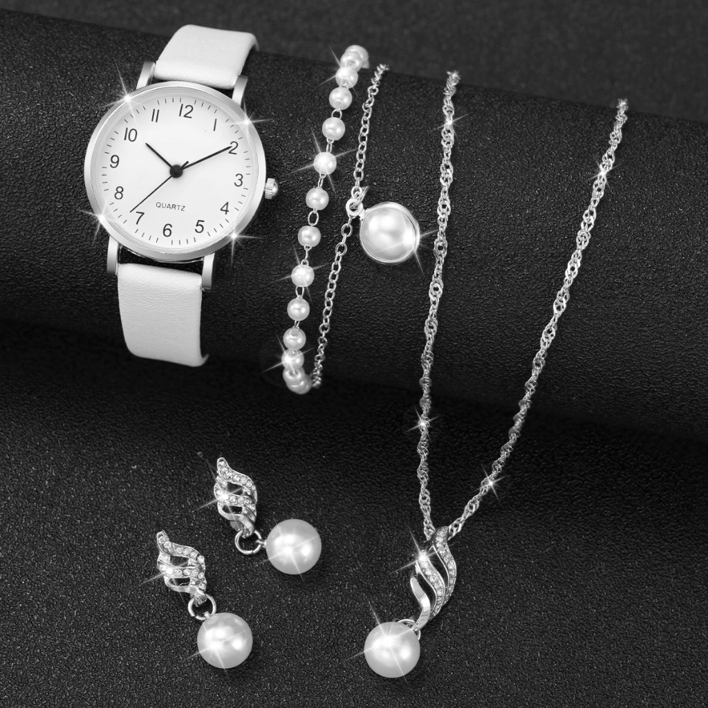 RELÓGIO BRANCO PEROLA FEMININO E ELEGANTE, KIT RELÓGIO - COLAR - PULSEIRA - BRINCOS - Elegance White Pearl
