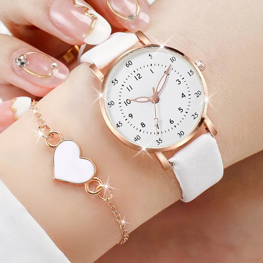 RELÓGIO PINK CORAÇÃO FEMININO E ELEGANTE, KIT RELÓGIO - COLAR - PULSEIRA - BRINCOS - Elegance White Hearts