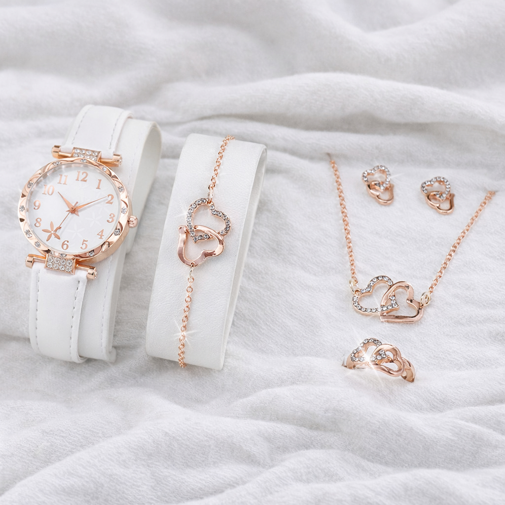 RELÓGIO BRANCO CORAÇÃO FEMININO E ELEGANTE, KIT RELÓGIO - COLAR - PULSEIRA - BRINCOS - ANEL - Elegance Heart