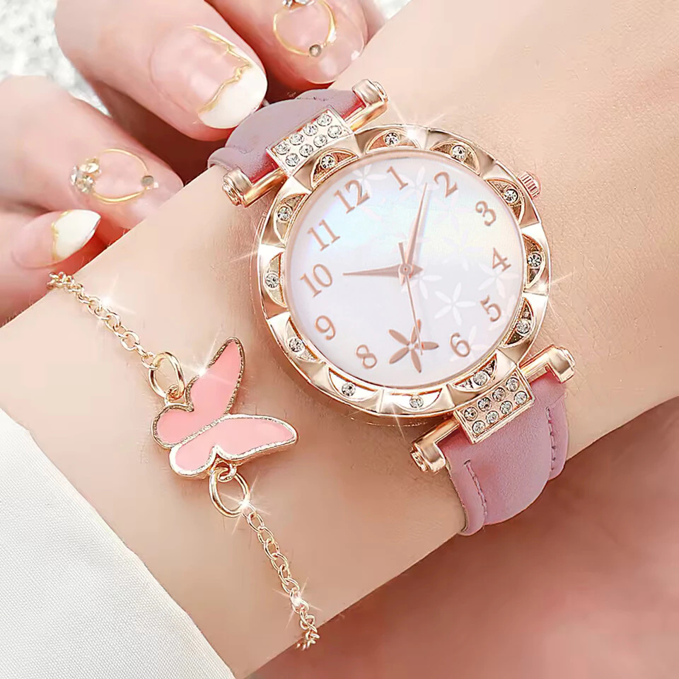RELÓGIO ROSE BORBOLETA FEMININO E ELEGANTE, KIT RELÓGIO - COLAR - PULSEIRA - BRINCOS - ANEL - Elegance Pink Butterfly