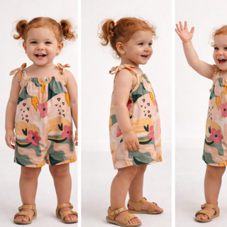 Macaquinho Jardineira menina leve floral rosa em Oferta na Shopee