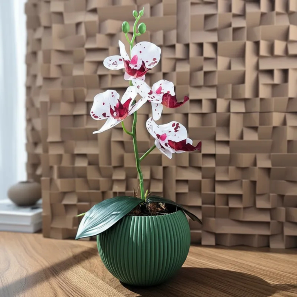 Orquídea Artificial Branca com Roxo 34cm – Arranjo Decorativo com Vaso Moderno