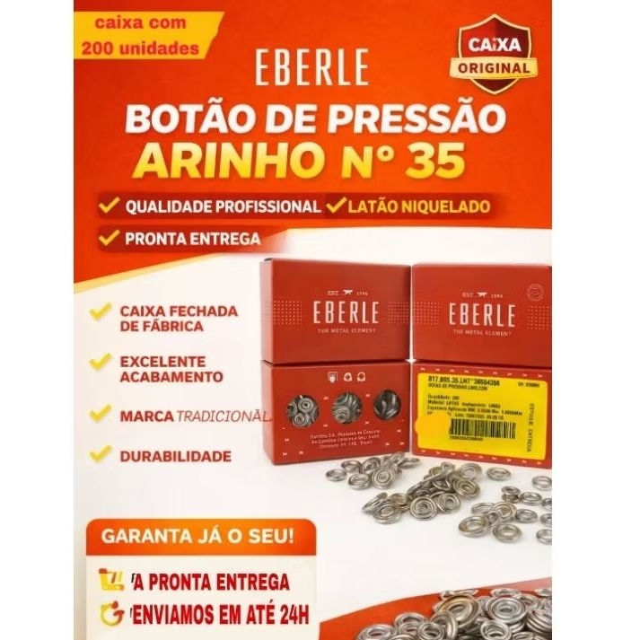 Botão Pressão Arinho 200 UND Nº 35 Eberle Latão Niquelado