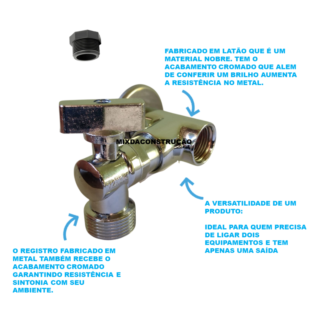 Adaptador T P/ Torneira C/ Registro Lavar Roupa Lava Louças Prateado Cromado Taque Filtros purificadores maquina — imagem 2 de 2