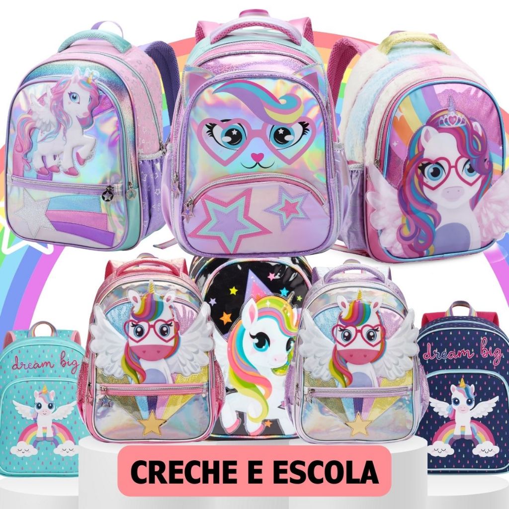 Mochila Infantil Escolar Criança Mini e Grande Menina Unicórnio Reforçada Brilhante Asas 3D Costas em Oferta na Shopee