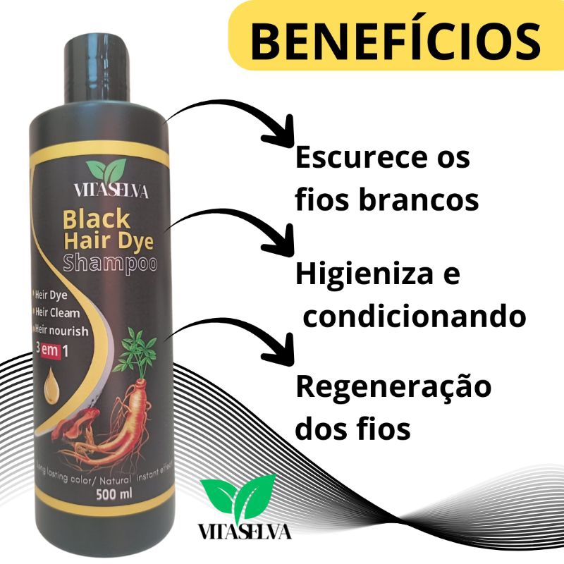 Shampoo Tonalizante Black Hair Dye 500 ML Tintura Capilar cobre o Branco Preto 3 em 1 hidrata, pinta e limpa