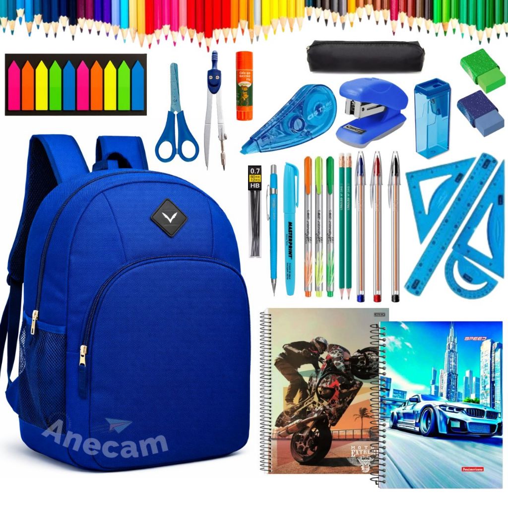 Kit Material Escolar Masculino Caderno Estojo Caneta Corrretivo Lapiseira Com Ou Sem Mochila