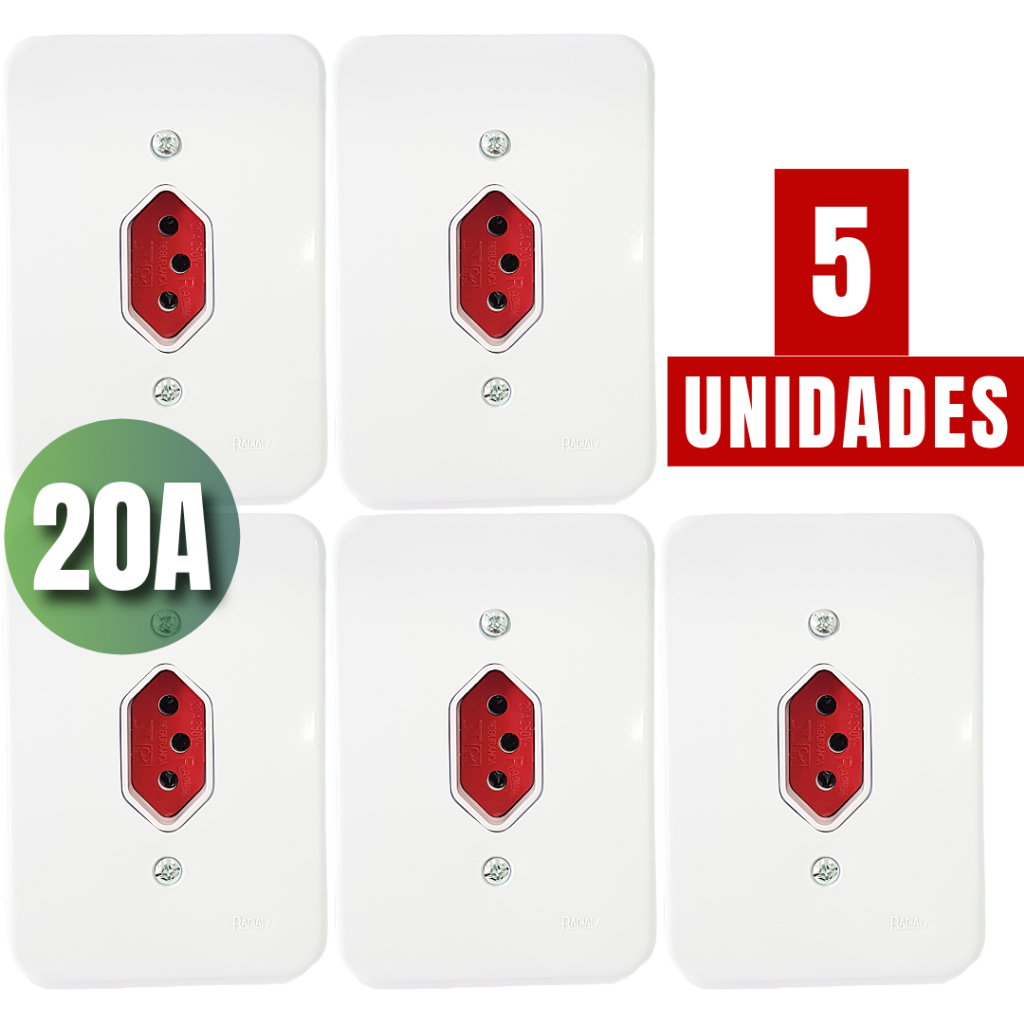 Kit 5un Tomada 20 amperes Vermelha Simples De Parede Completa Bivolt em Oferta na Shopee