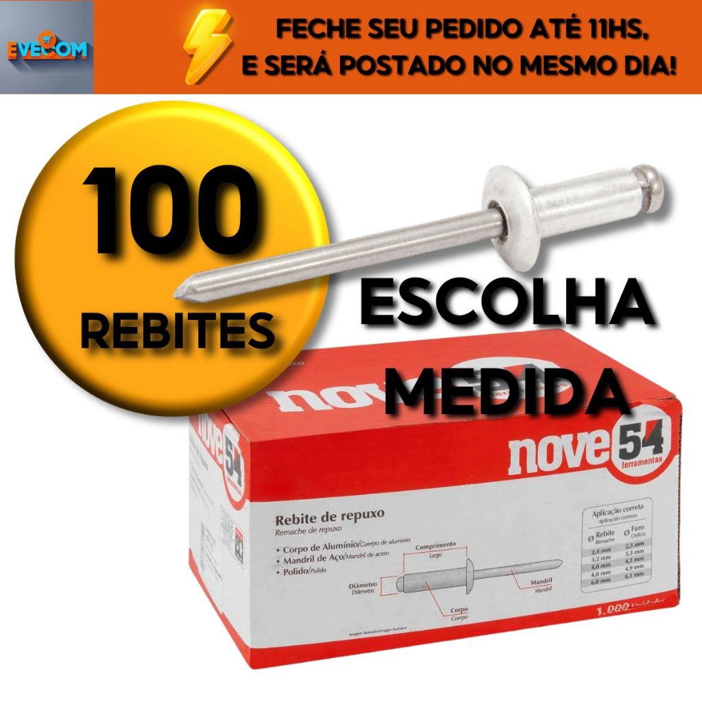 Rebite Pop Repuxo Alumínio Diversos Tamanhos - KIT 100 PEÇAS