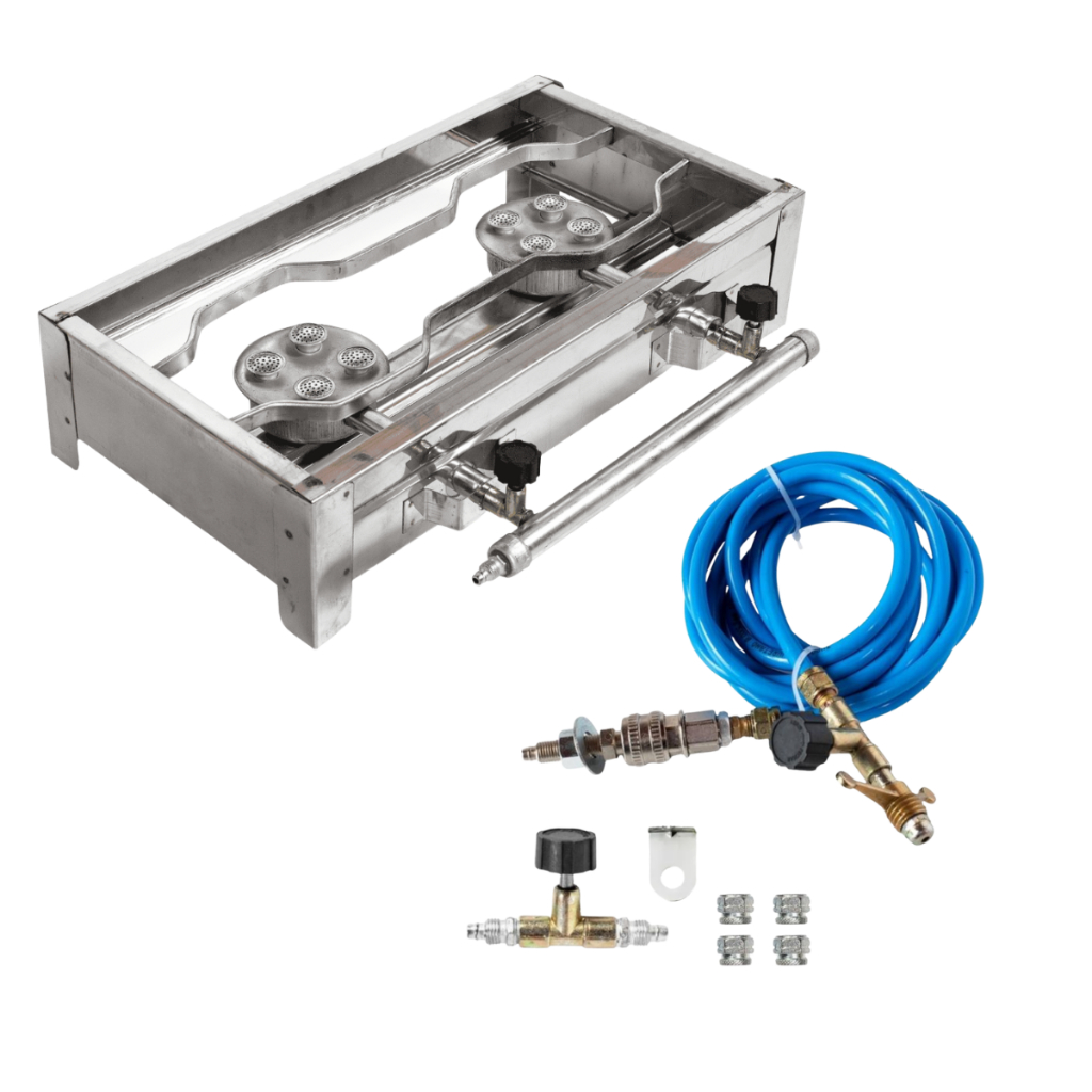 Kit Fogareiro Inox 2 Bocas Com Kit Gás Rodoar 3 Mts, Engate Rápido E Caixa Protetora Para Caminhão