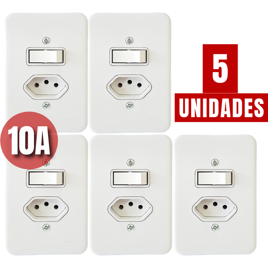 Kit 5un Interruptor Com Tomada 10 amperes Simples De Parede Completa Bivolt