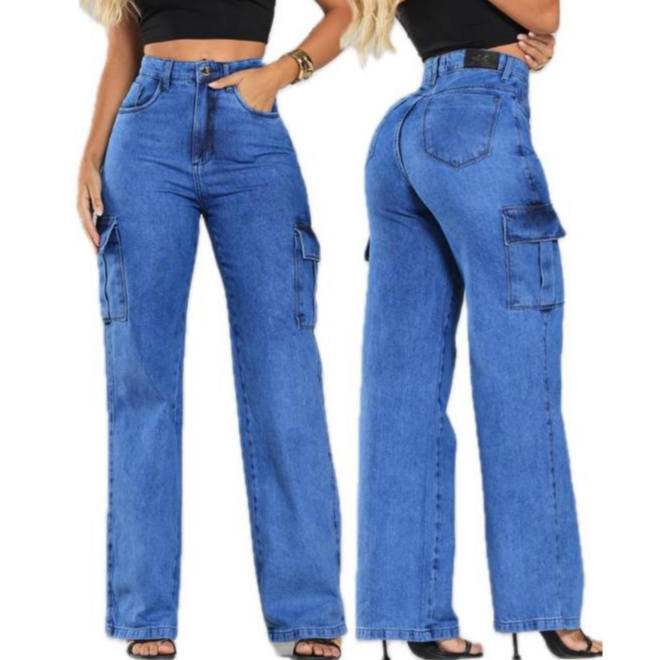 Calça Cargo Jeans Feminina Wide Leg Cintura Alta Pantalona Premiun