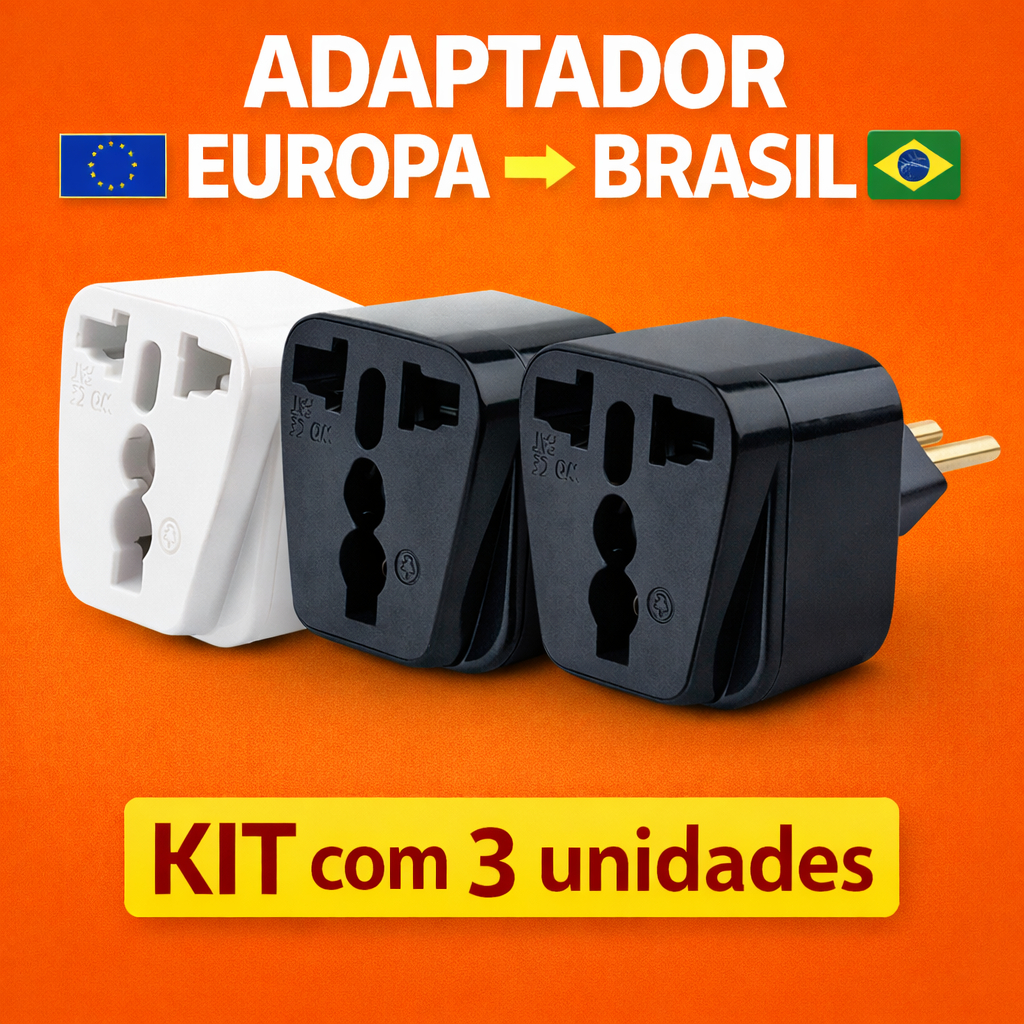 Kit 3un Pino Adaptador Europeu Preto FFS | Tomada Universal Viagem | Adaptador de Tomada Brasil para Europa | Plugue Int