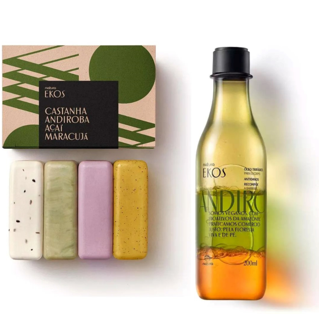 kit Óleo trifásico Natura Ekos Andiroba 200ml + caixa de sabonete Natura Ekos cremosos e esfoliantes
