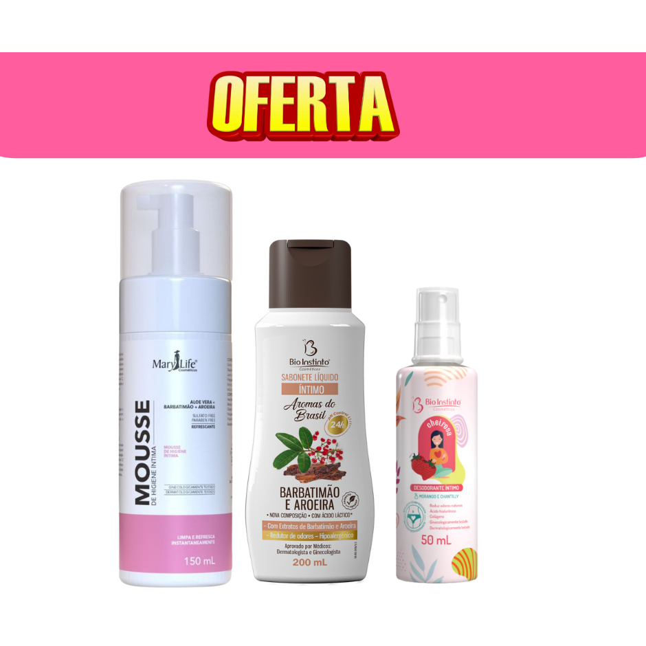 Kit Sabonete intimo feminino Aroeira com Barbatimão + Desodorante intimo Mary Life + Mousse Higiene Intima