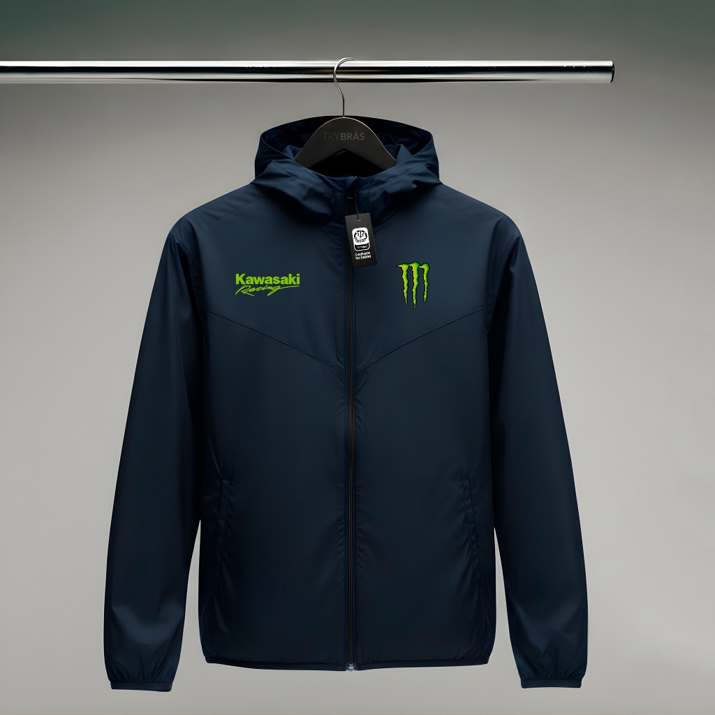 Jaqueta Corta Vento Masculina - KAWASAKI MONSTER - Com Capuz, Bolso e Zíper - Academia Corrida Esportes