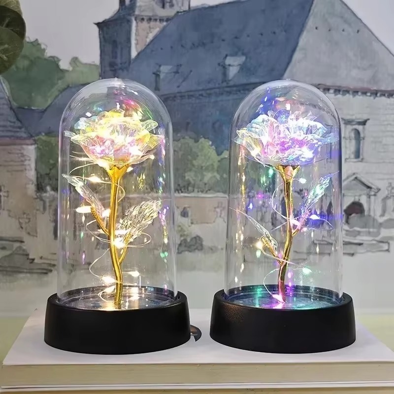 AYU Luminária Rosa Encantada com Luz LED Noturna 15cm Flor Eterna Decorativa em Cúpula de Acrílico