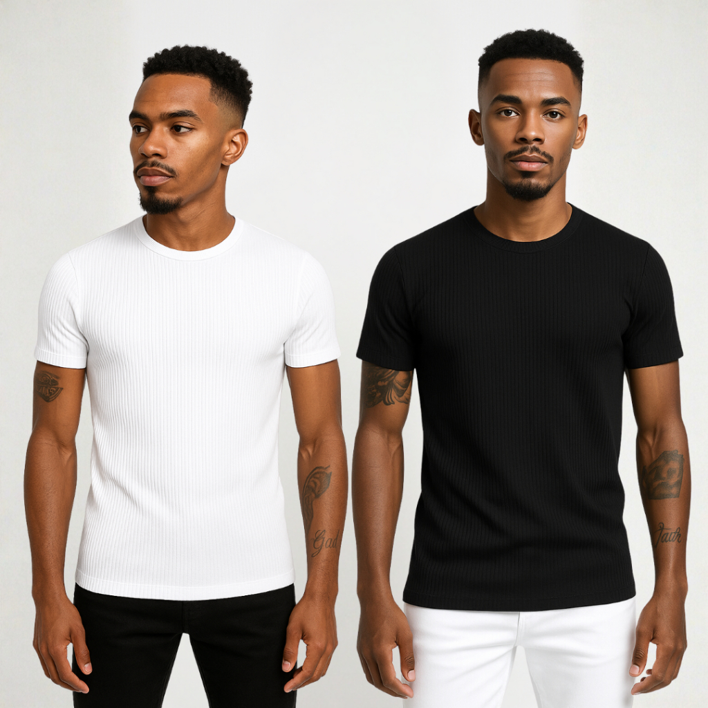 KIT 2 Camiseta Slim Canelada Estilo Americano Masculino Ribana Justa ao Corpo Rapper