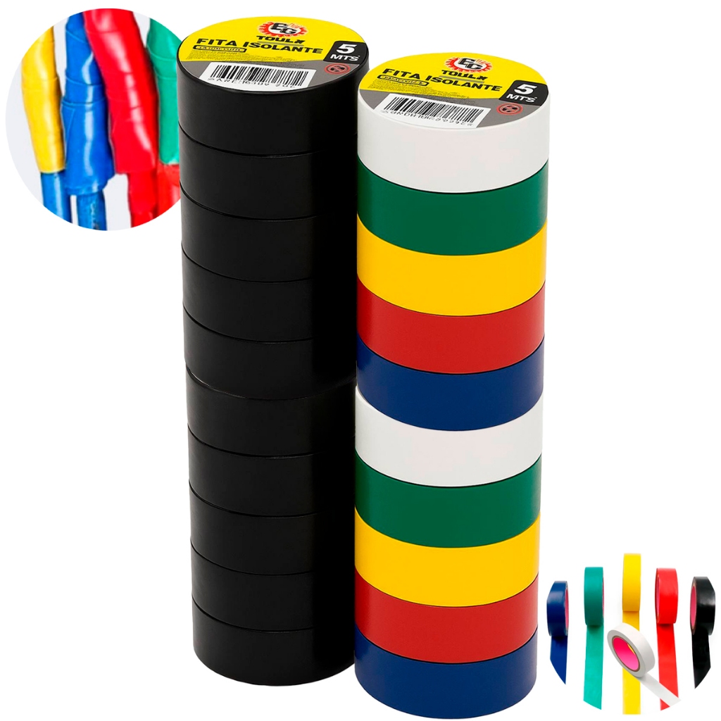 Jogo de Fita Isolante Coloridas e Preta Anti-Chamas Profissional 5m x 18mm