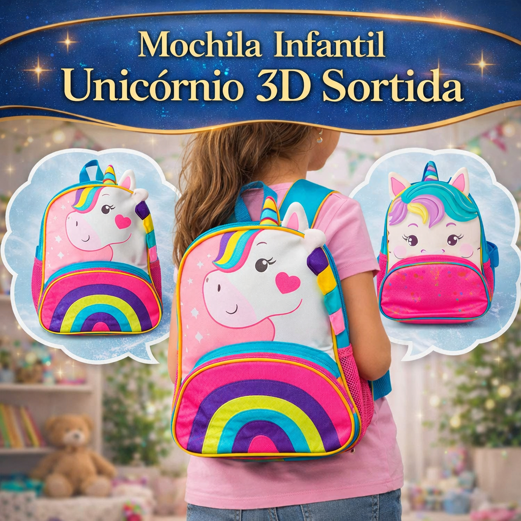 Mochila Infantil Unicórnio 3D Arco Íris com Alça Ajustável Escolar Poliéster Sortida
