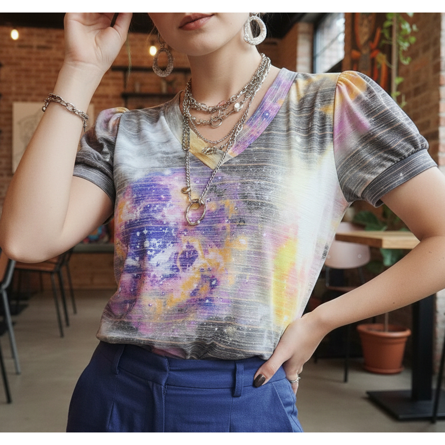 Blusa galáxia manga bufante romântica estrelas delicada cottagecore camponesa indie grunge boho