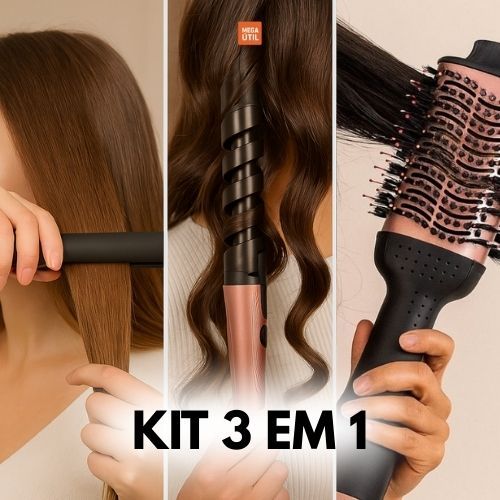 Kit Profissional de Beleza 3 em 1: Chapinha, Modelador e Escova Secadora Rose Gold Salão em Casa