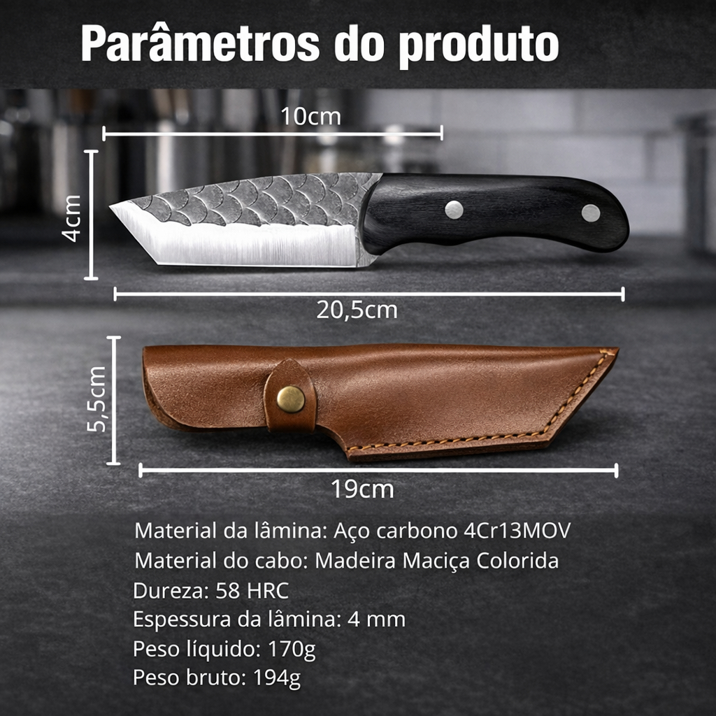 Faca Fulltang 20cm em Inox 420J2 com Cabo Madeira e Bainha Couro em Oferta na Shopee