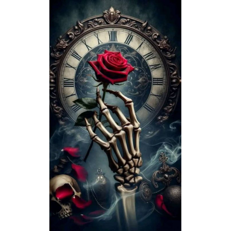 QUADRO DECORATIVO PLACA MDF-MÃO DE CAVEIRA SEGURANDO ROSA VERMELHA COM RELÓGIO NO FUNDO