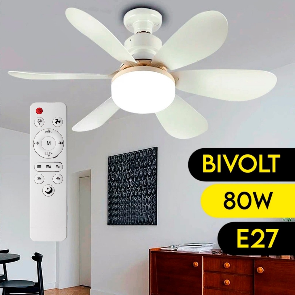 Ventilador de teto com luz integrada, silencioso, branco, 6 pás, com controle remoto, 60/80 watts, soquete E27。 em Oferta na Shopee