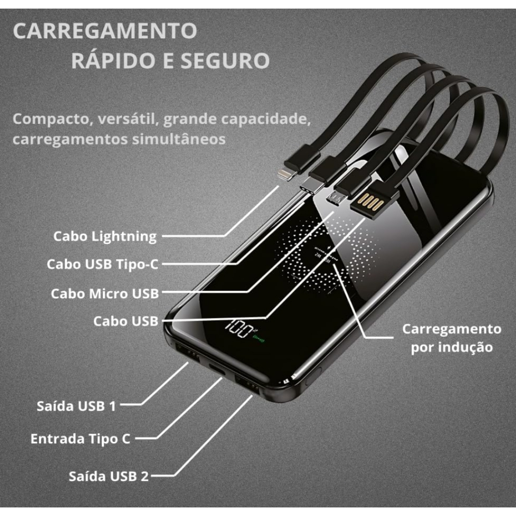 Carregador Power Bank Portátil 10000mAh  USB-C, USB, V8, Lightning, Micro USB, iPhone, Android, Visor LED