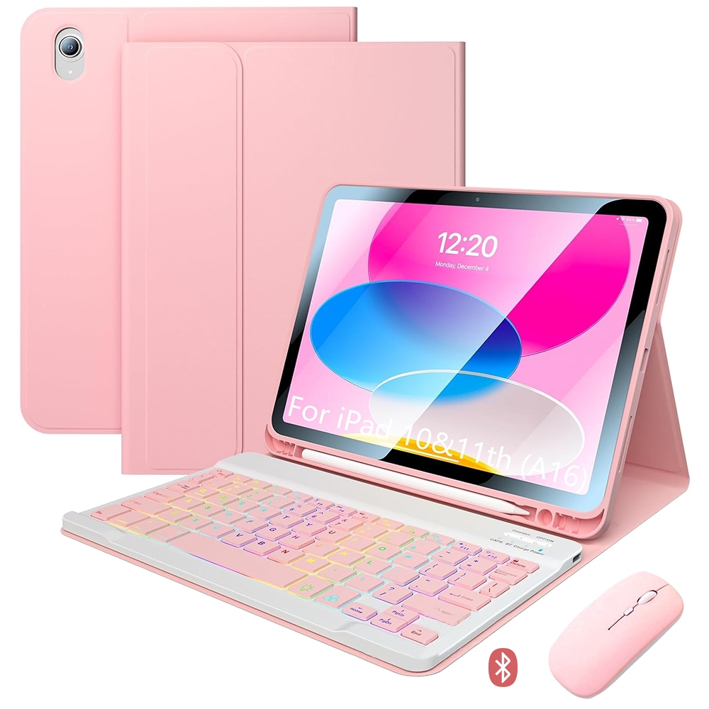 Capa para tablet + Mouse + Teclado + Caneta Para fio para ipad 11ª(a16)/10ª geração Geração Rosa